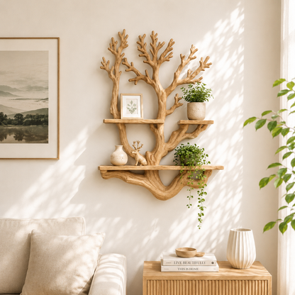 Handcrafted Solid Wood Tree Display Shelf with Organic Branch Design
