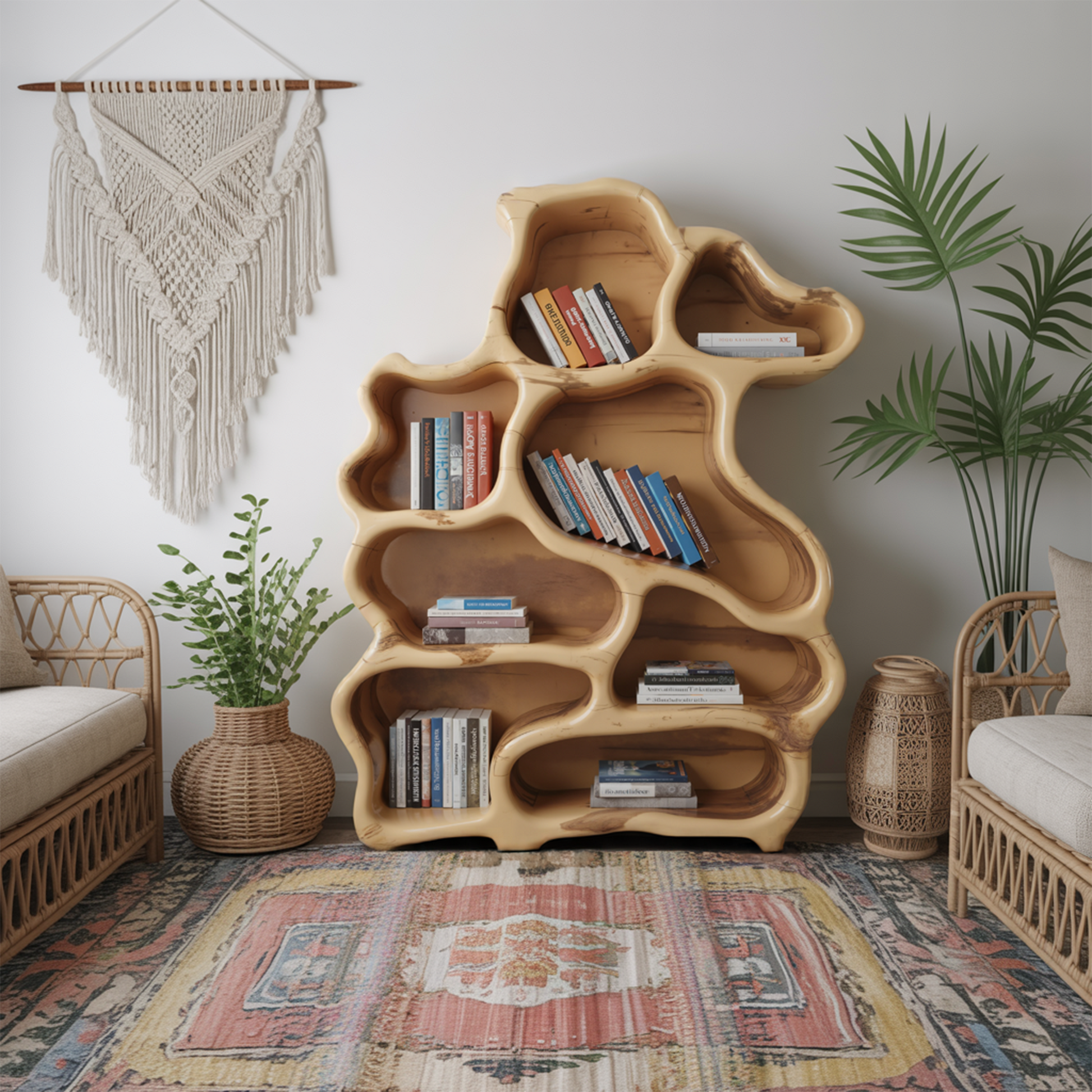 Organic Modern Bookshelf With Carved Design For Living Room And Home Library Kitchnce