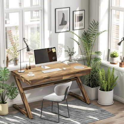 Modern Z Leg Wooden Writing Desk With Drawers For Home Office Or Studio Kitchnce