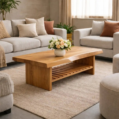 Live Edge Walnut Coffee Table with Slatted Shelf, Natural Modern Design for Living Room Kitchnce