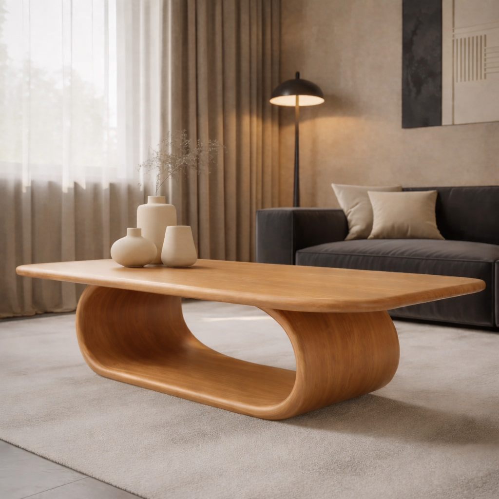 Sculptural Walnut Coffee Table with Curved Design and Open Shelf, Modern Living Room Décor Kitchnce