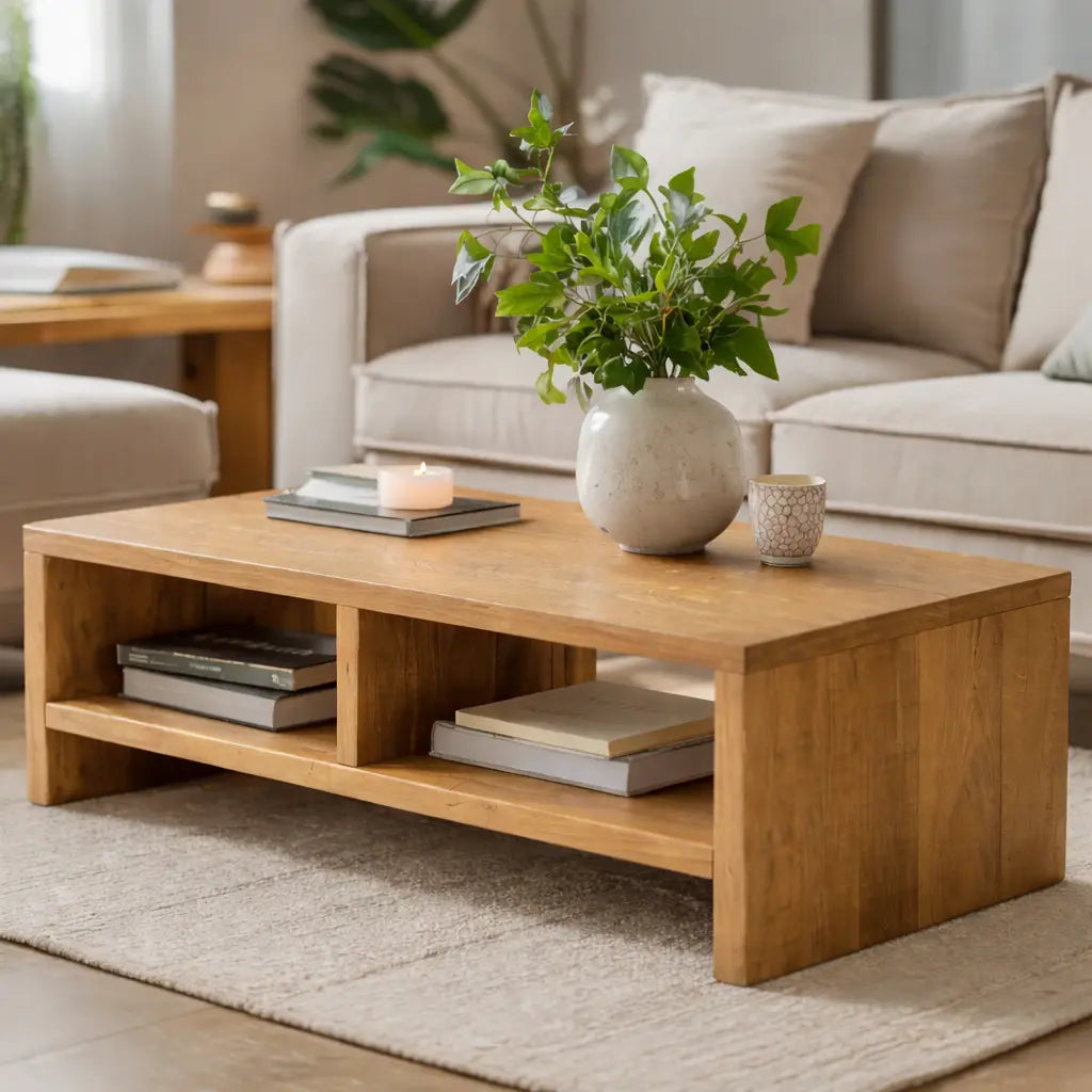Solid Wood Coffee Table with Open Storage, Rustic Design for Living Room and Décor Kitchnce