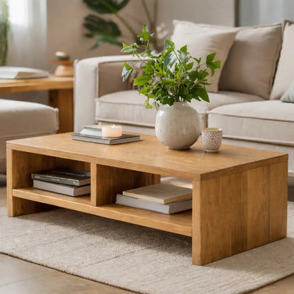 Solid Wood Coffee Table with Open Storage, Rustic Design for Living Room and Décor Kitchnce