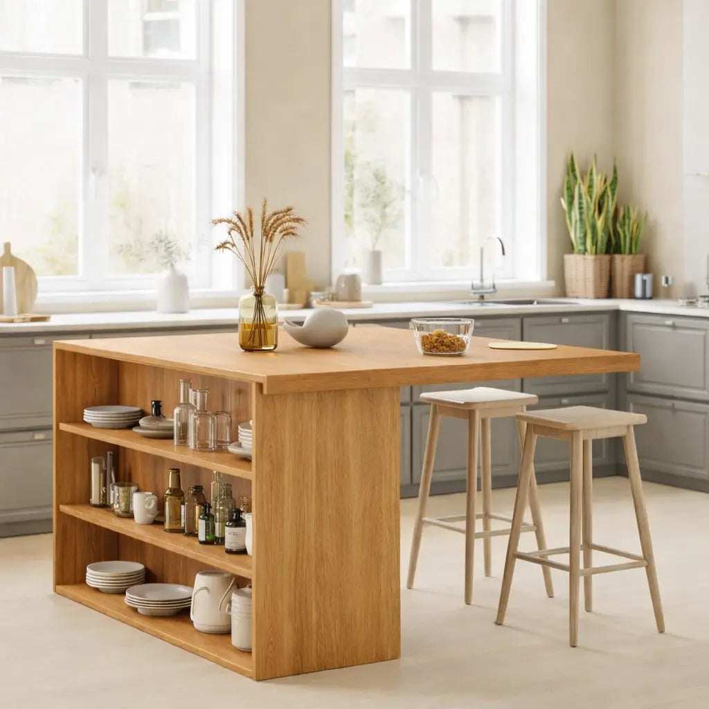 Modern Solid Wood Kitchen Island with Open Storage Shelves, Walnut Kitchen Bar Table Kitchnce