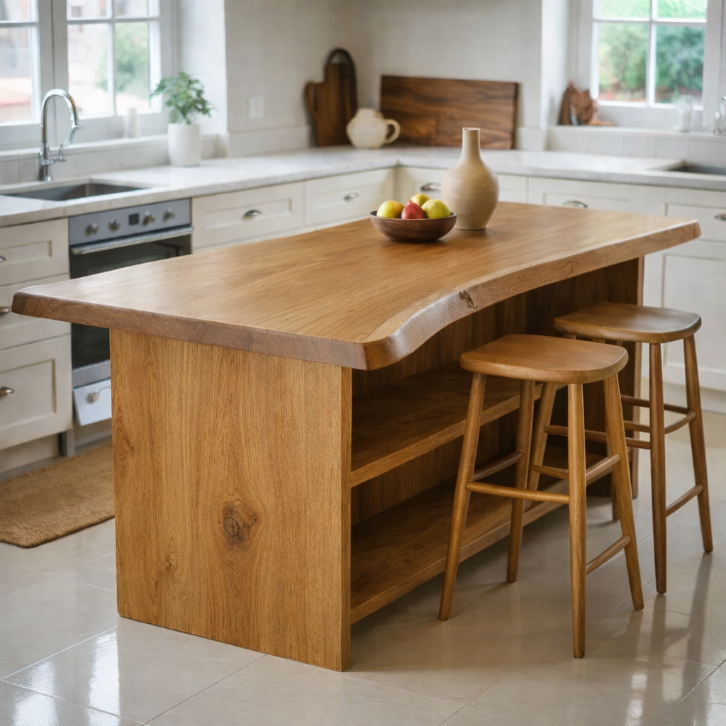 Live Edge Solid Wood Kitchen Island with Open Shelf Storage and Seating Bar Table