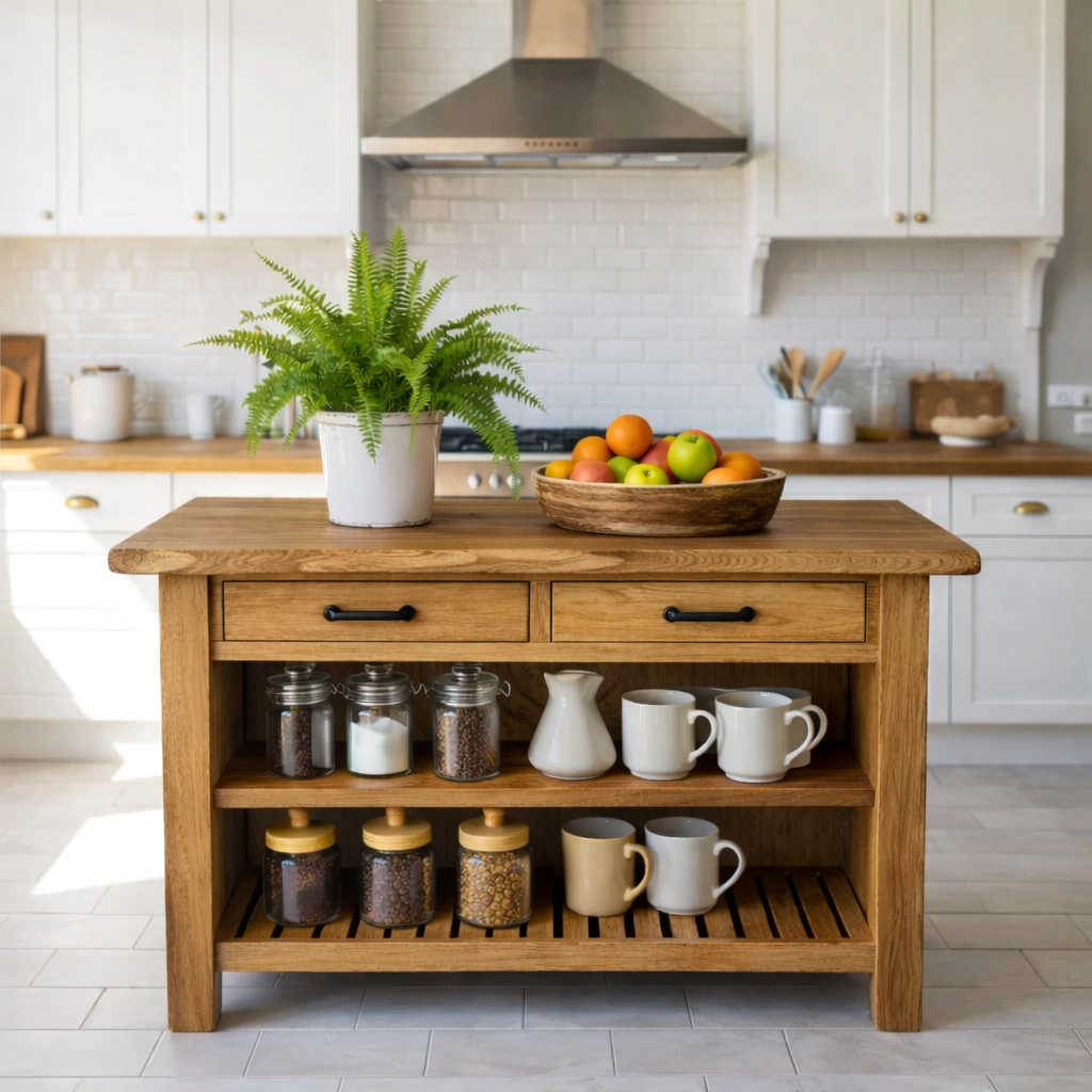 Solid Wood Kitchen Island with Drawers and Open Shelf Storage Wooden Prep Table
