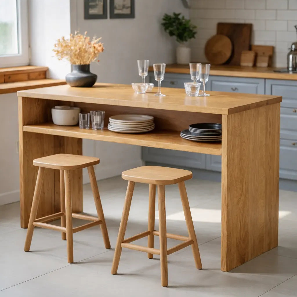 Modern Solid Wood Kitchen Island with Open Shelf Storage and Breakfast Bar Table Kitchnce