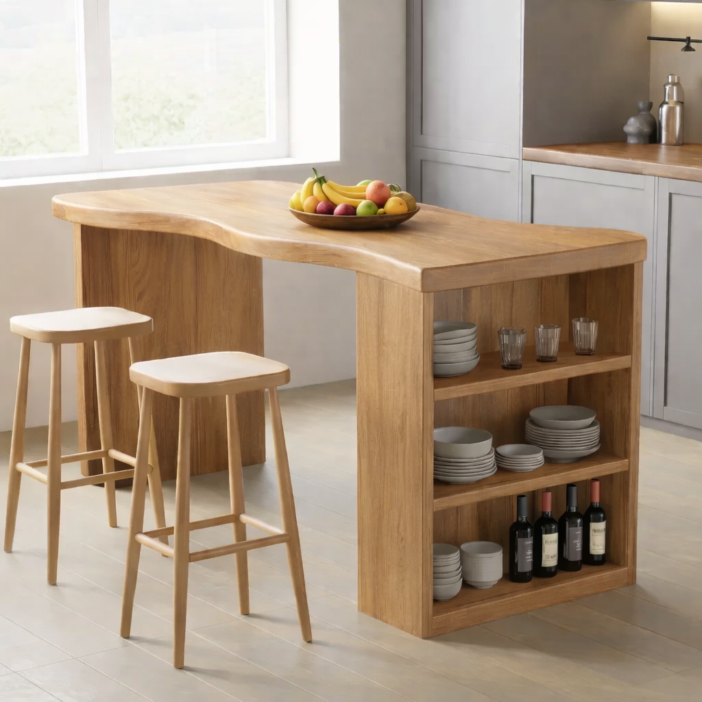 Solid Wood Kitchen Island with Curved Edge Top and Open Shelf Storage Breakfast Bar