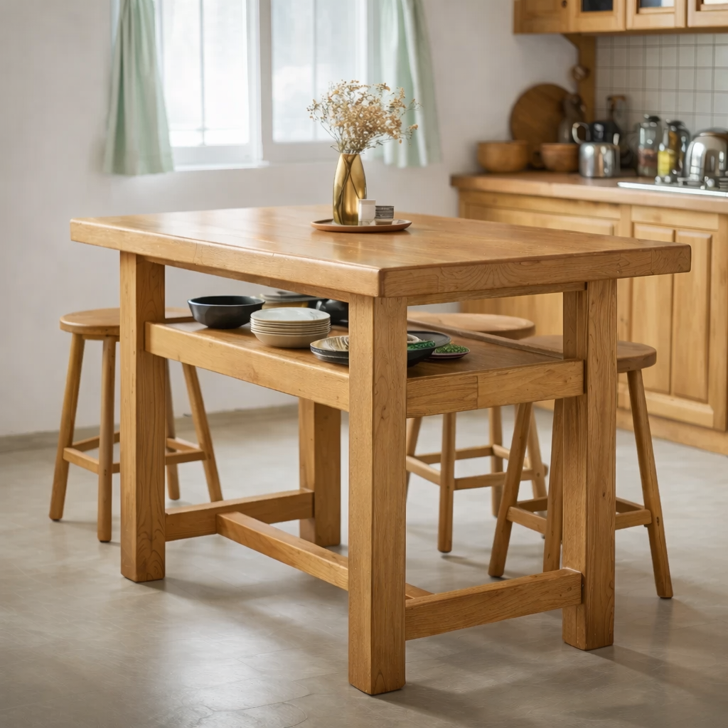 Solid Wood Kitchen Island Table with Open Shelf Storage and Spacious Prep Surface