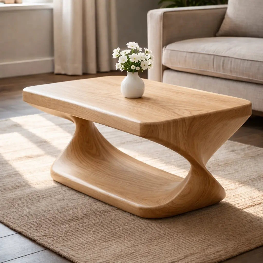 Modern Solid Wood Coffee Table with Sculptural Curved Base and Rectangular Wood Top Kitchnce