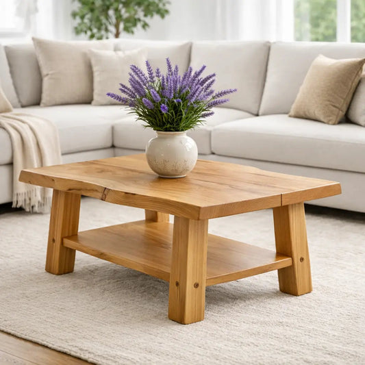 Solid Wood Coffee Table with Storage Shelf Rustic Wooden Living Room Table Kitchnce