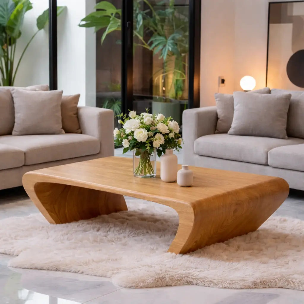 Modern Solid Wood Coffee Table with Sculptural Curved Base Minimalist Living Room Table Kitchnce