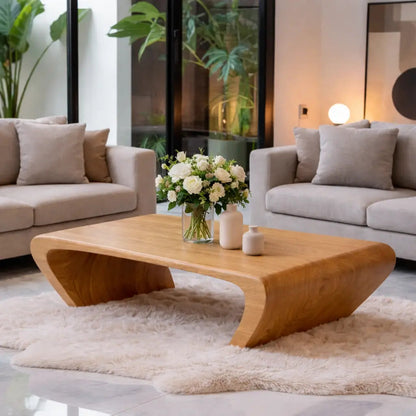 Modern Solid Wood Coffee Table with Sculptural Curved Base Minimalist Living Room Table Kitchnce