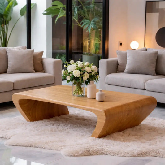 Modern Solid Wood Coffee Table with Sculptural Curved Base Minimalist Living Room Table Kitchnce
