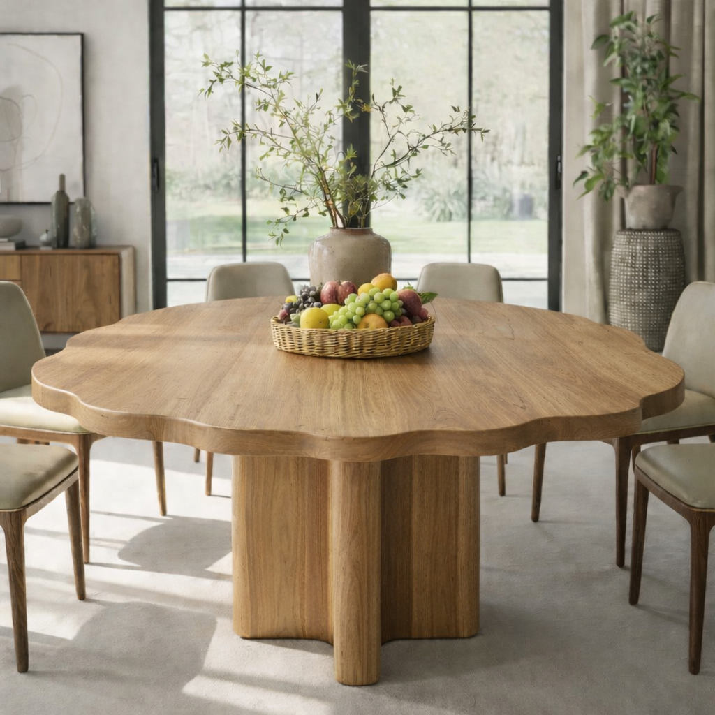 Round Solid Wood Dining Table with Sculptural Pedestal Base Modern Rustic Table