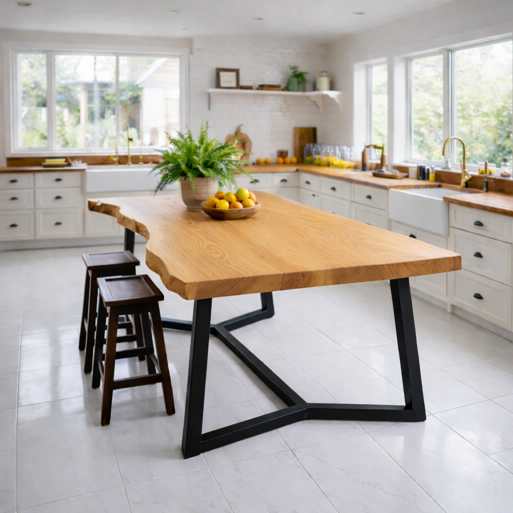 Live Edge Solid Wood Dining Table with Modern Black Metal Legs Rustic Kitchen Table