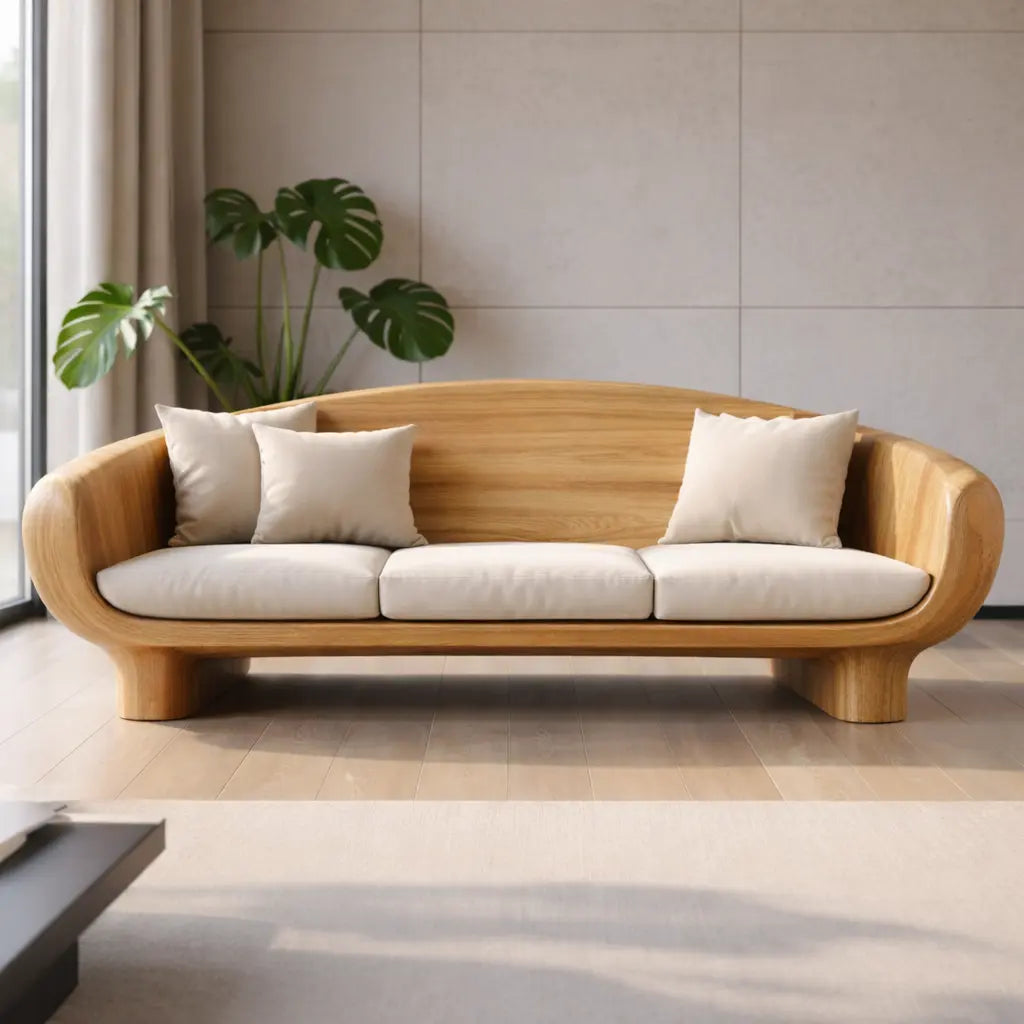 Modern Solid Oak Sofa with Curved Wooden Frame Minimalist Scandinavian Living Room Couch Kitchnce