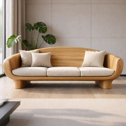 Modern Solid Oak Sofa with Curved Wooden Frame Minimalist Scandinavian Living Room Couch Kitchnce