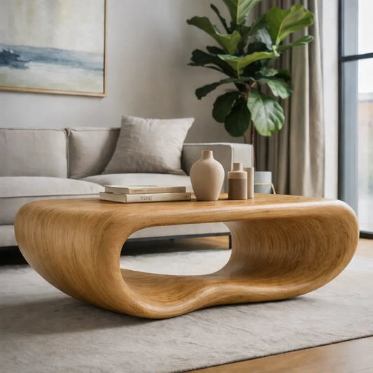 Modern Solid Wood Coffee Table with Sculptural Curved Design Minimalist Living Room Table Kitchnce