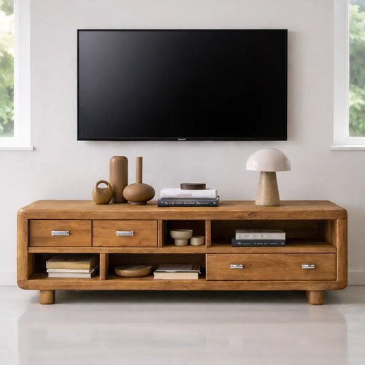 Solid Wood TV Stand with Drawers and Open Shelves Rustic Oak Media Console for Living Room Kitchnce