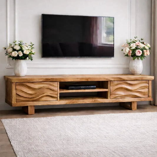 Solid Wood TV Stand with Wave Pattern Doors Modern Wooden Media Console for Living Room Kitchnce
