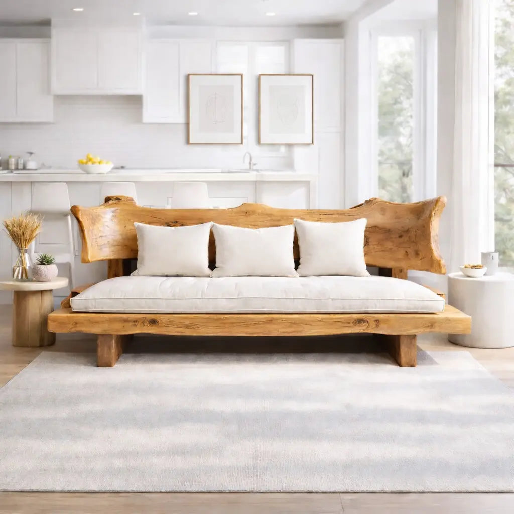 Live Edge Solid Wood Sofa Rustic Natural Wood Couch Handmade Organic Living Room Sofa Kitchnce