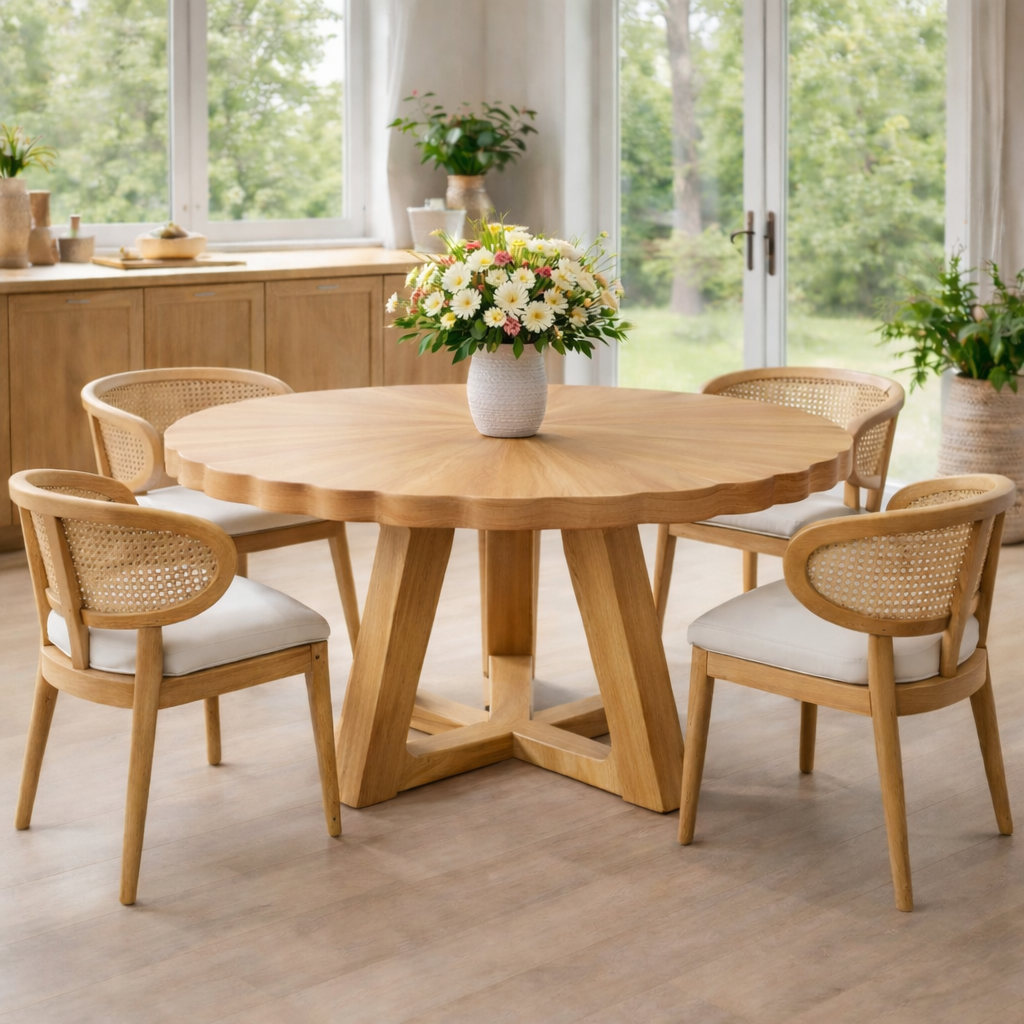 Round Solid Wood Dining Table with Scalloped Edge and Sculptural Base