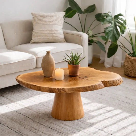 Live Edge Solid Wood Coffee Table for Living Room with Pedestal Base Kitchnce