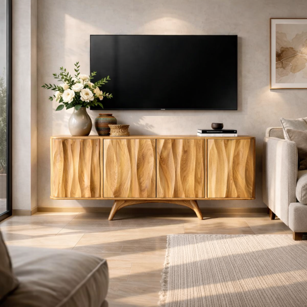 Solid Wood TV Stand for Living Room with Cabinet Storage