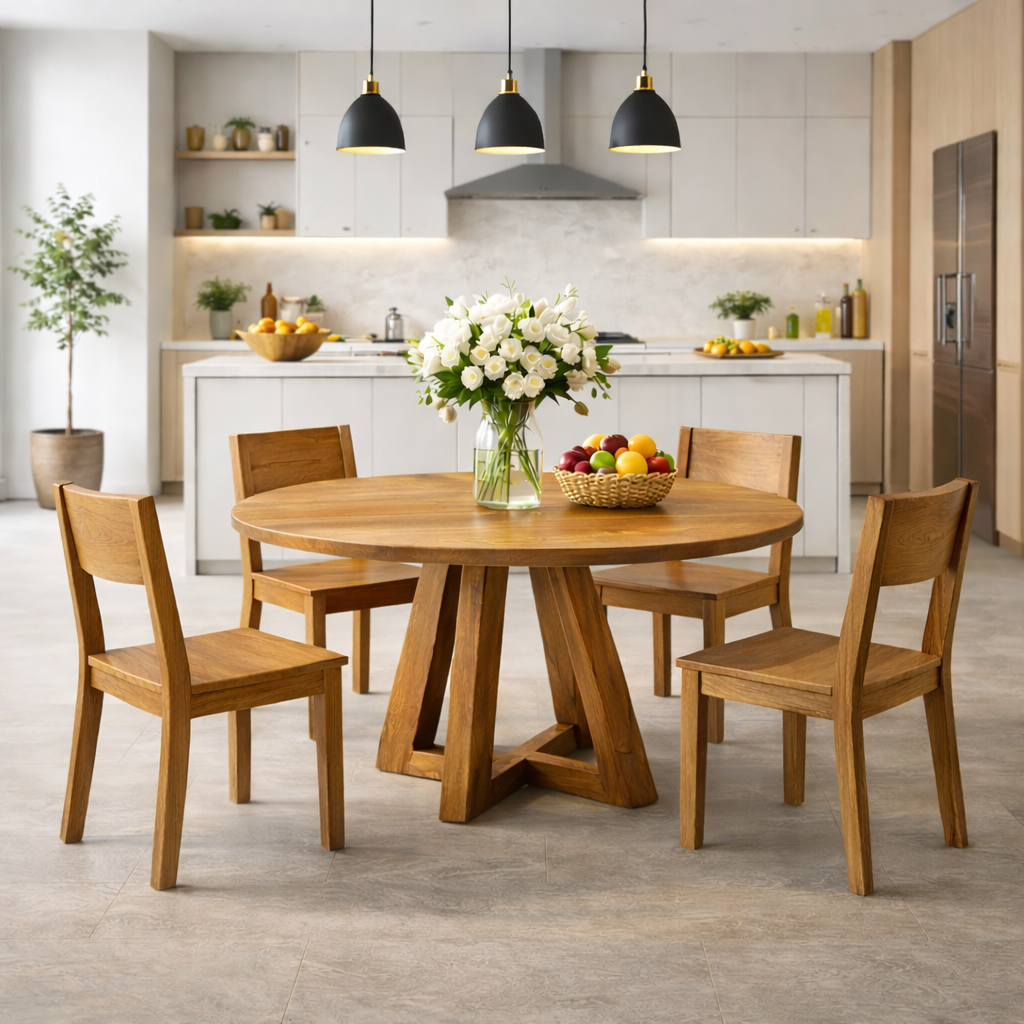 Modern Solid Walnut Round Dining Table with Sculptural Cross Base