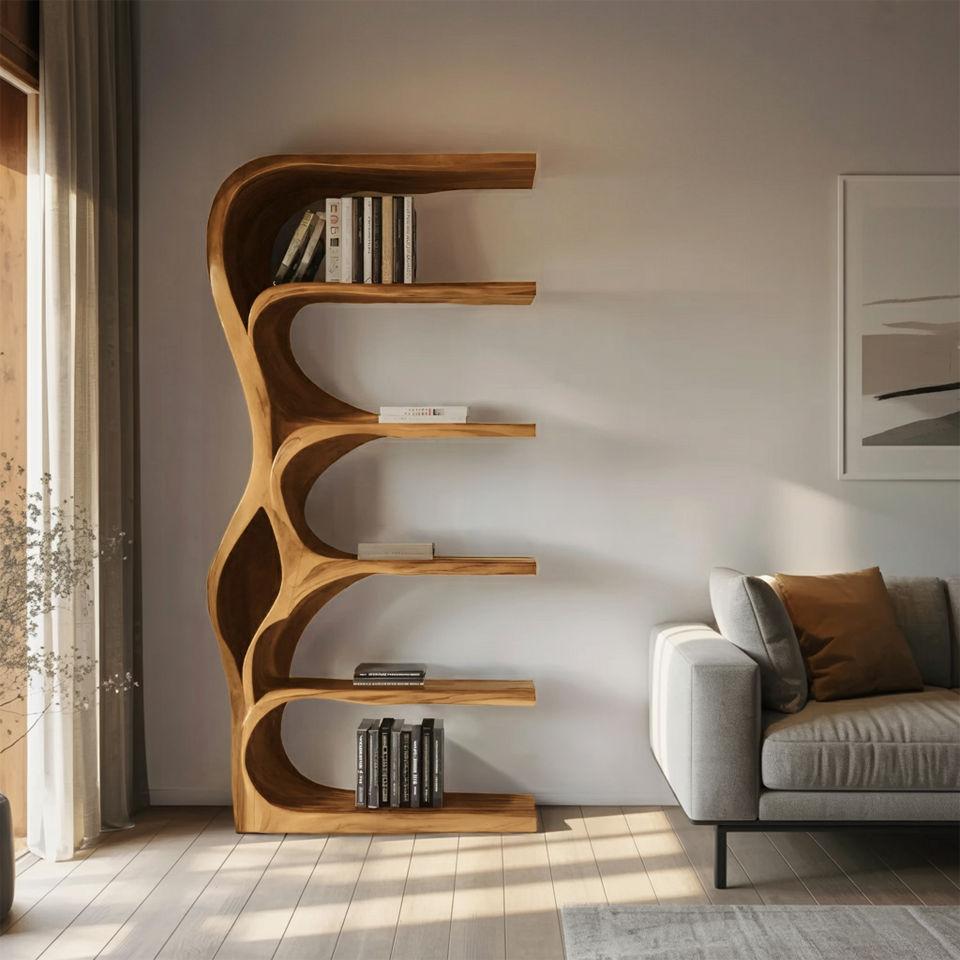 Organic Bookshelf With Curved Open Shelving For Bedroom Decor Kitchnce