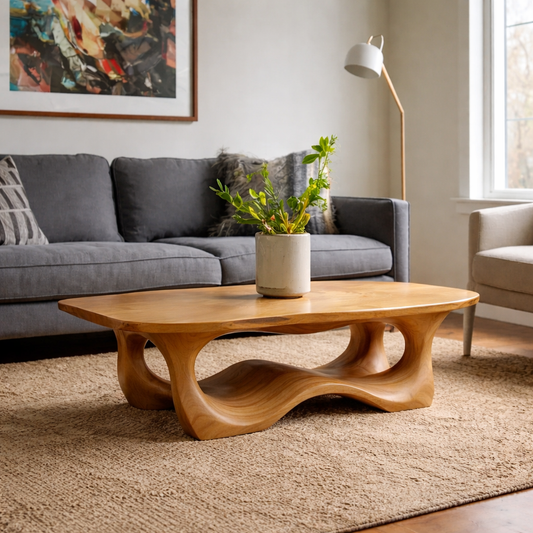 Solid Wood Coffee Table with Sculptural Base and Organic Curved Design