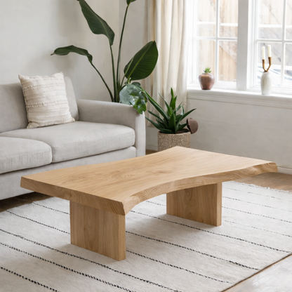 Solid Wood Coffee Table with Live Edge Top and Minimal Block Legs