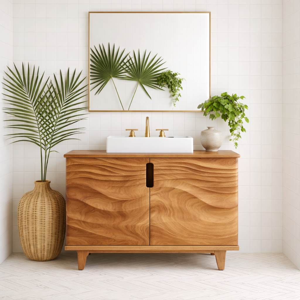 Solid Wood Bathroom Vanity for Modern Bathroom with Wave Textured Doors