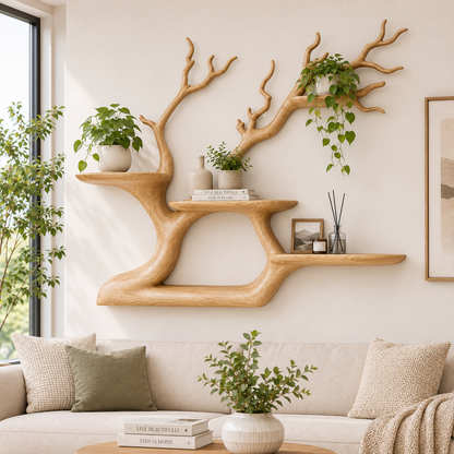 Handcrafted Solid Wood Tree Bookshelf with Floating Shelves
