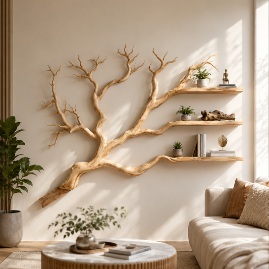 Handcrafted Solid Wood Branch Bookshelf with Floating Wall Shelves