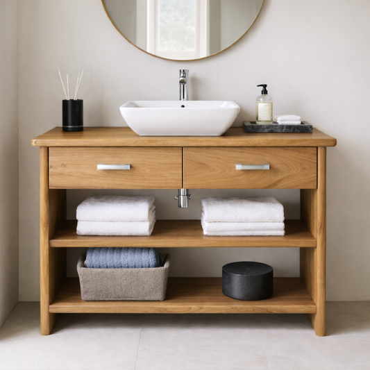 Solid Wood Bathroom Vanity Cabinet with Drawers and Open Shelves – Modern Freestanding Single Vanity