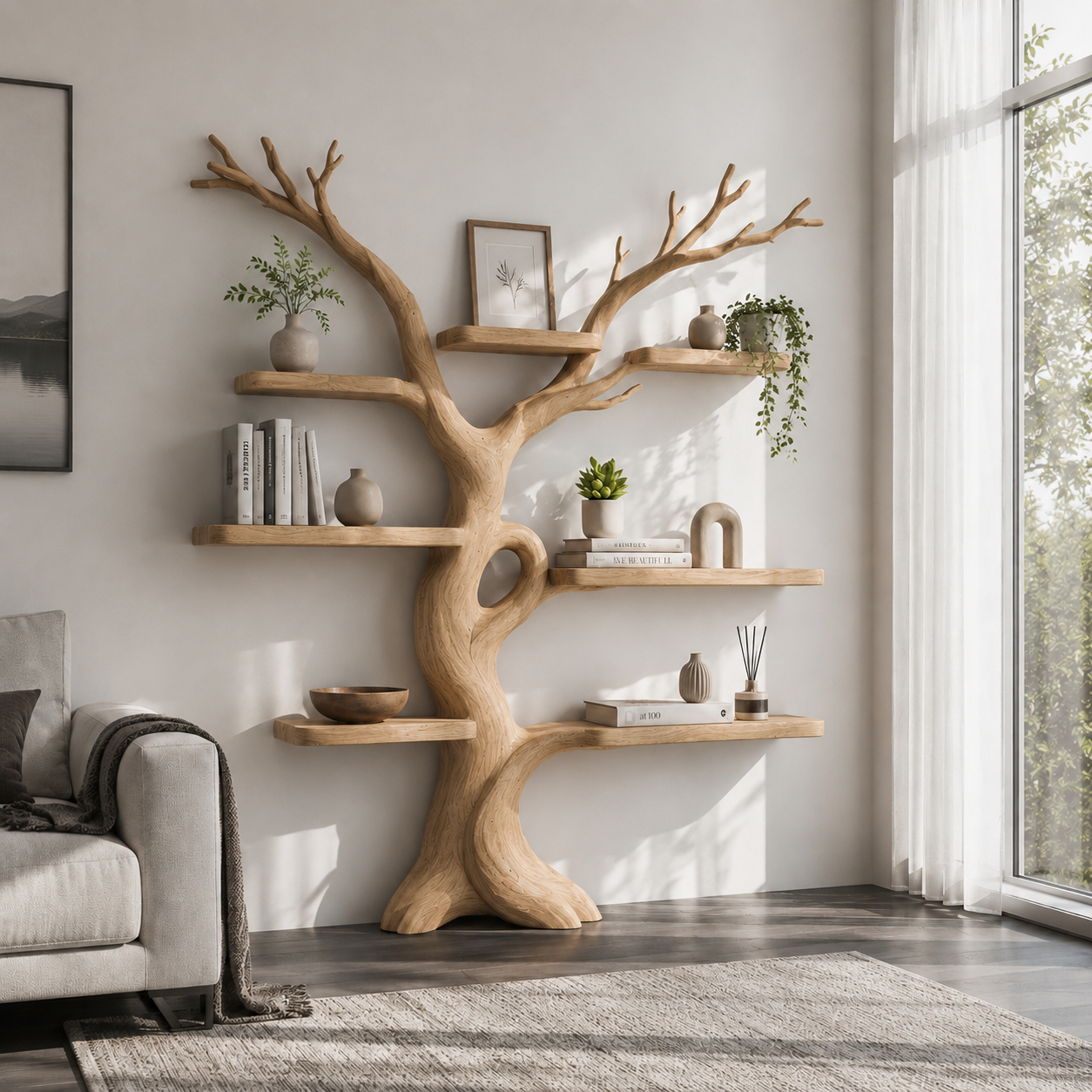 Handcrafted Solid Wood Tree Bookshelf with Asymmetrical Floating Shelves