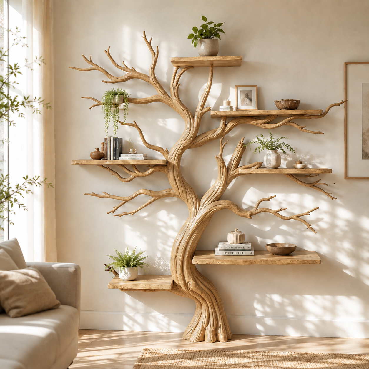 Handcrafted Solid Wood Tree Bookshelf with Twisting Sculptural Branches