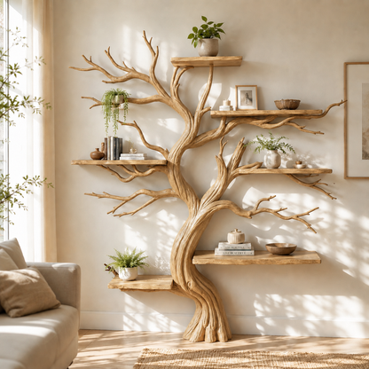 Handcrafted Solid Wood Tree Bookshelf with Twisting Sculptural Branches