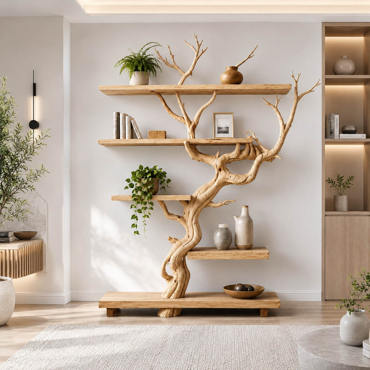 Handcrafted Solid Wood Tree Room Divider Bookshelf with Floating Shelves