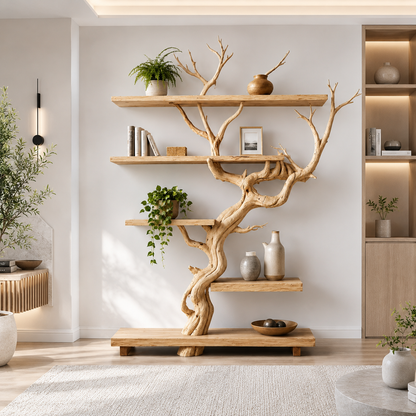 Handcrafted Solid Wood Tree Room Divider Bookshelf with Floating Shelves