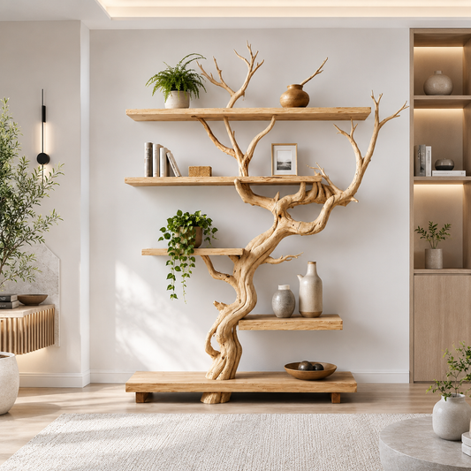 Handcrafted Solid Wood Tree Room Divider Bookshelf with Floating Shelves