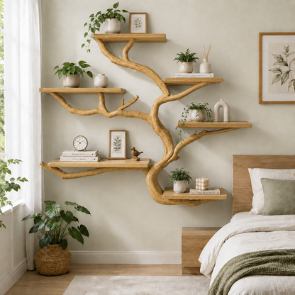 Handcrafted Solid Wood Tree Bookshelf with Curved Floating Shelves