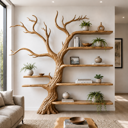 Handcrafted Solid Wood Tree Bookshelf with Open Floating Shelves