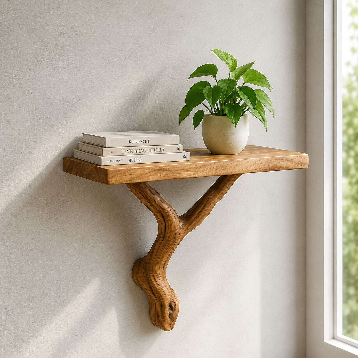 Handcrafted Solid Wood Floating Shelf with Organic Wood Bracket