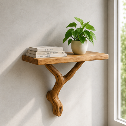 Handcrafted Solid Wood Floating Shelf with Organic Wood Bracket