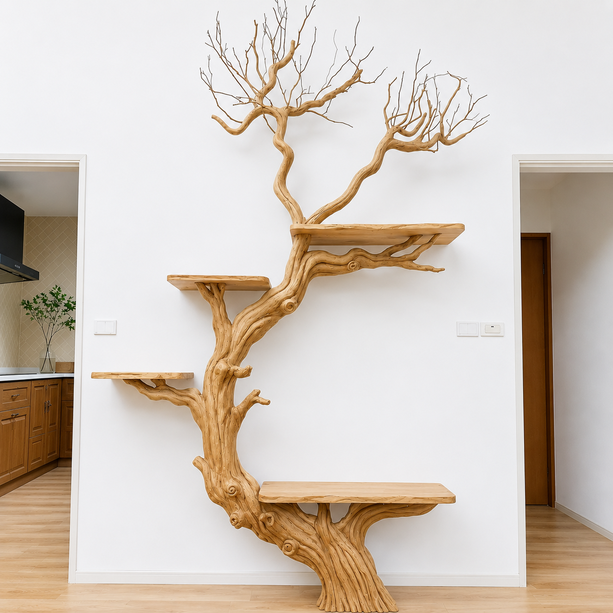 Handcrafted Solid Wood Tree Wall Shelf with Twisted Branch Design