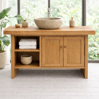 Solid Wood Bathroom Vanity Cabinet with Double Doors and Open Shelf – Rustic Modern Freestanding Vanity Base Kitchnce