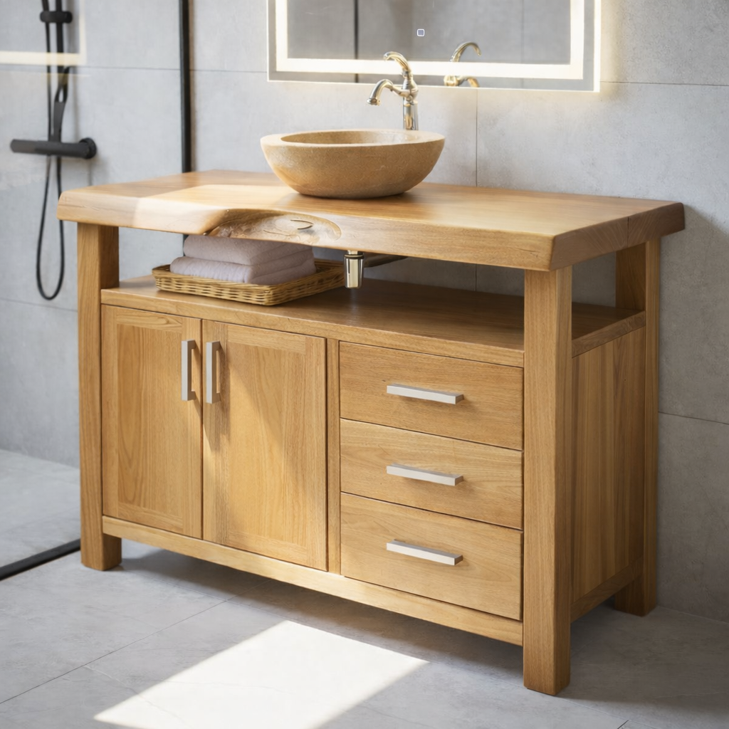 Solid Wood Bathroom Vanity with Cabinet Doors, Three Drawers and Open Shelf – Freestanding Natural Wood Vanity Kitchnce